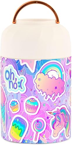 Coloridos unicornios dulces arco iris niños mujeres almuerzo tarro aislado con cuchara 17 oz16.9 fl oz contenedores de acero inoxidable calentador