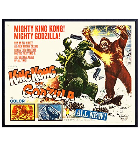 Godzilla Vs Kong - Horror Movie Poster - 8x10 Classic Monster Movies - Vintage Scary Movie Wall Art Decor - Home Theater Room, Boys Bedroom, Man Cave Decorations - Godzilla - King Kong