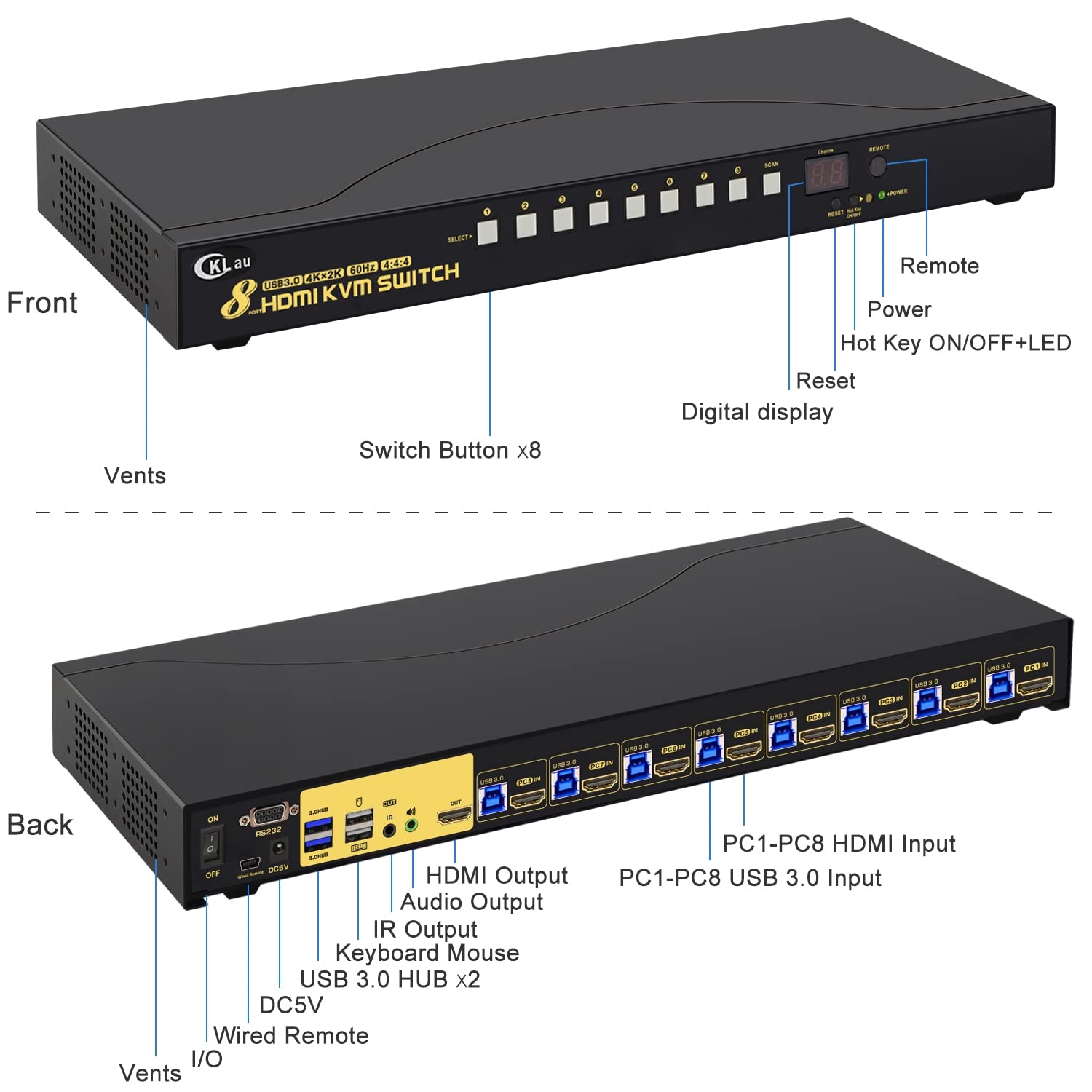 Commutateur KVM HDMI 8 ports USB 3.0 4K60 Hz avec audio, 2 concentrateurs USB 3.0 et câbles prenant en charge la commutation du clavier et de la souris