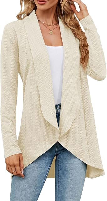 Rokou Womens Casual Long Sleeve Open Front Knit Cardigan Cable Crochet Sweater Outwear Coat
