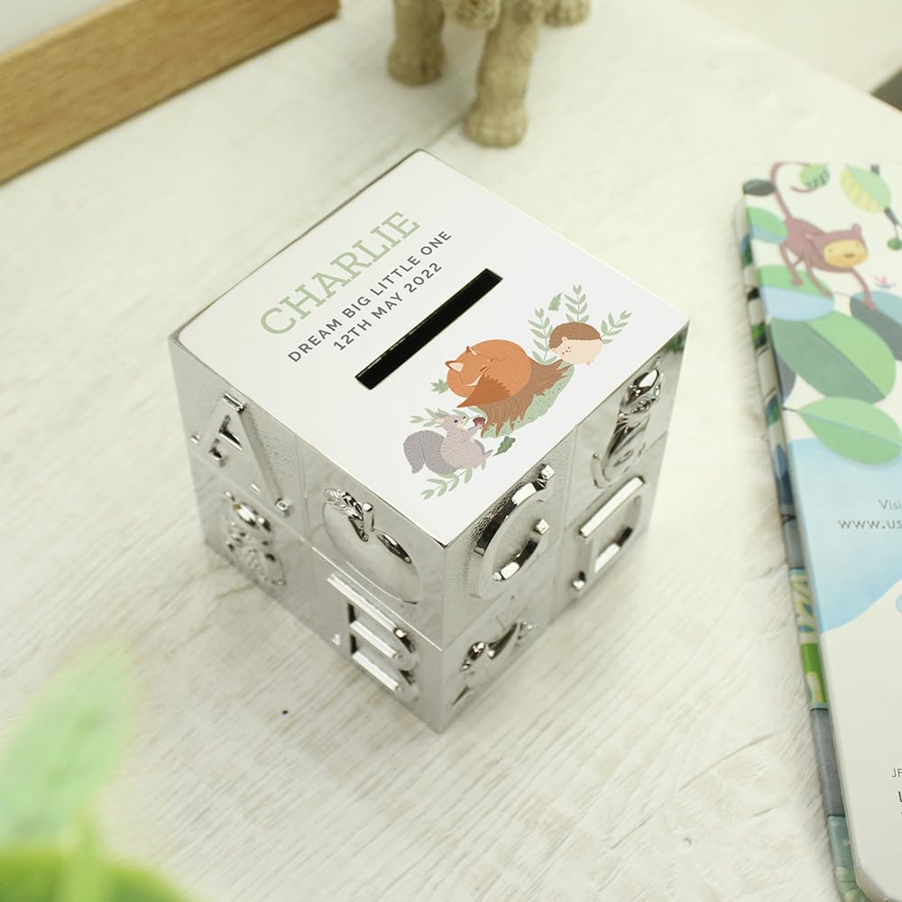 Personalised Memento Silver Custom Personalised Woodland Animals Abc Money Box - For Communion, Christening, Baptism, Confirmation, Birth, Birthday