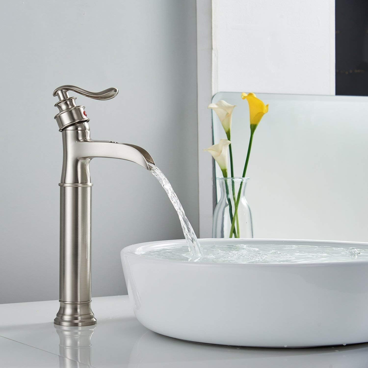 Homevacious Vessel Sink Faucet Brushed Nickel Waterfall Single Handle Single Hole Lavatory Faucet with Pop Up Drain Without Overflow Bundle Sink Overflow Hole Cover Trim Insert in Hole