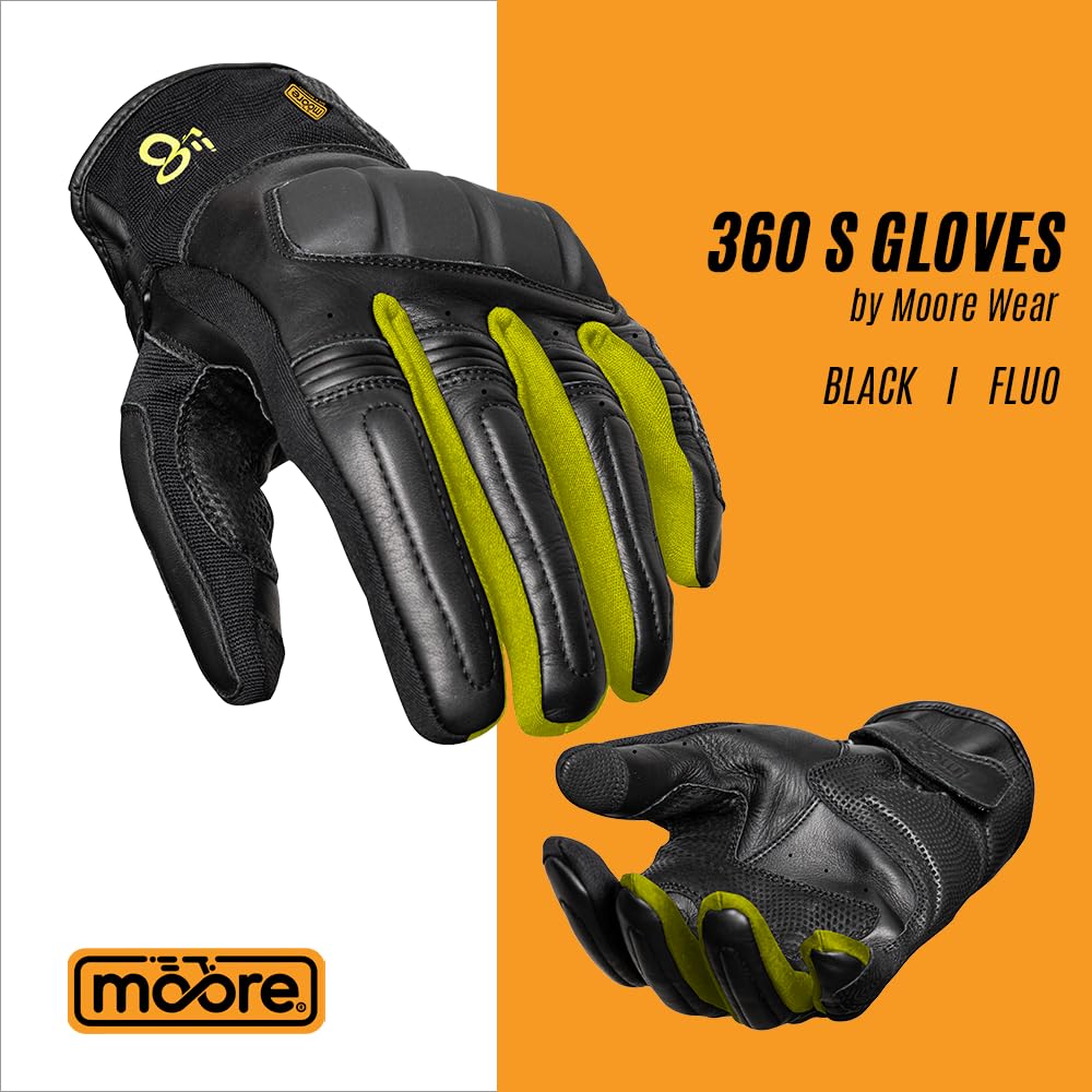 Moore Guantes de Moto 360 S Negro y Fluo – Impermeables, Piel Bovina, Protección CE.