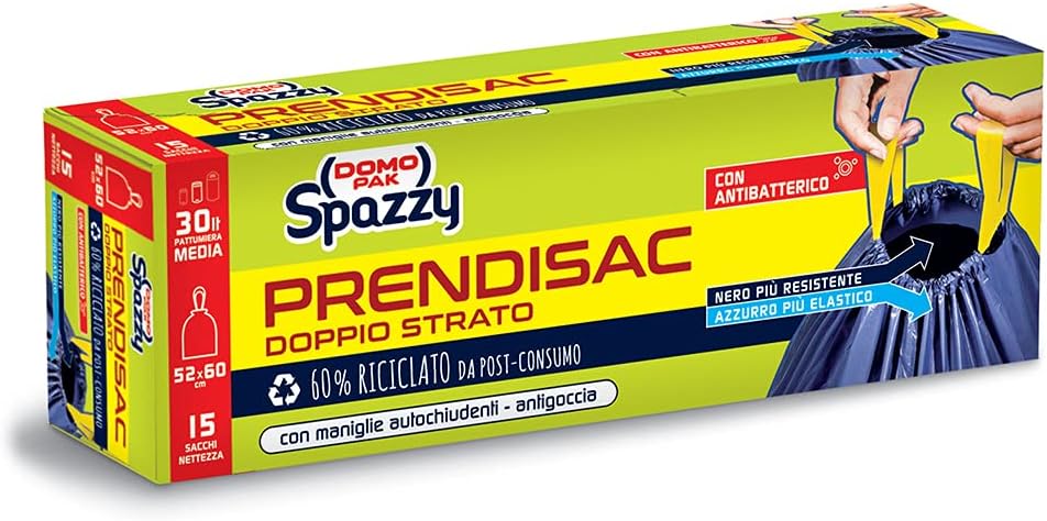 Domopak Spazzy Nettezza Prendisac Bags with Self-Closing Handles, Homemade 30 Litres, Blue and Black, 1 Pack of 15