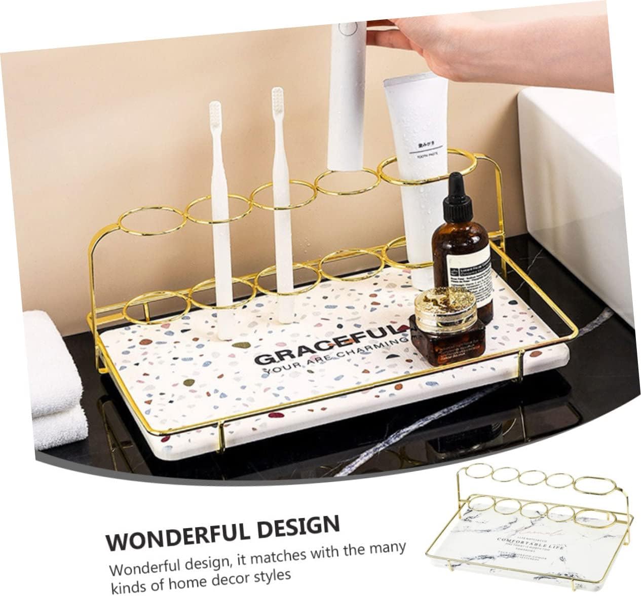 LIFKOME Gold Diatom Mud Toothbrush Holder Waterproof Bathroom Organizer for Electric Toothbrushes Tabletop Storage Rack Cup Suitable for Bathroom Counter Random Style