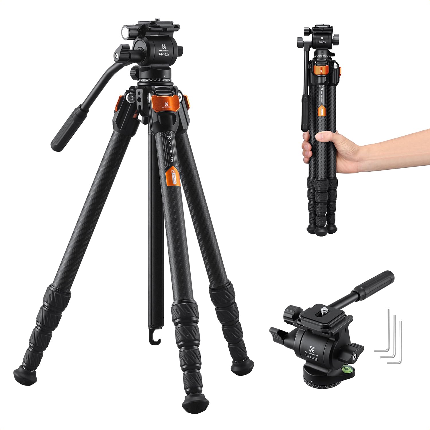 K&F CONCEPT Carbon Fiber Tripod with Fluid Head 61''