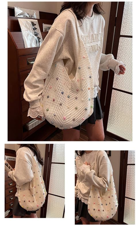 Image of Boho Crochet Beach Tote Shoulder Bag with Colored Beads | Colorful Aesthetic Hippie Knit Bag for Women