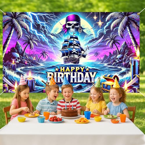 Image of Happy Birthday Backdrop Pirate Ship Skull Treasure Neon Photography Background 70.8x43.3in Boys Kids Party Decorations