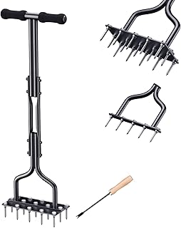 Lawn Aerator, JONONMAS 2-in-1 Spike Aerator Manual Aerator Lawn Tool with 15 Iron Spikes and Clean Tool, Heavy Duty Yard G...