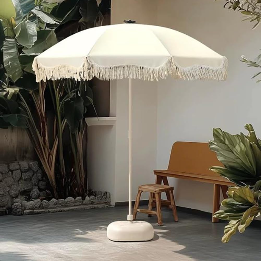 Sombrilla de Patio Boho de 180 cm con Flecos, Sombrilla de Playa Portátil para Mesa, Jardín la Piscina,Impermeable y con Protección UV