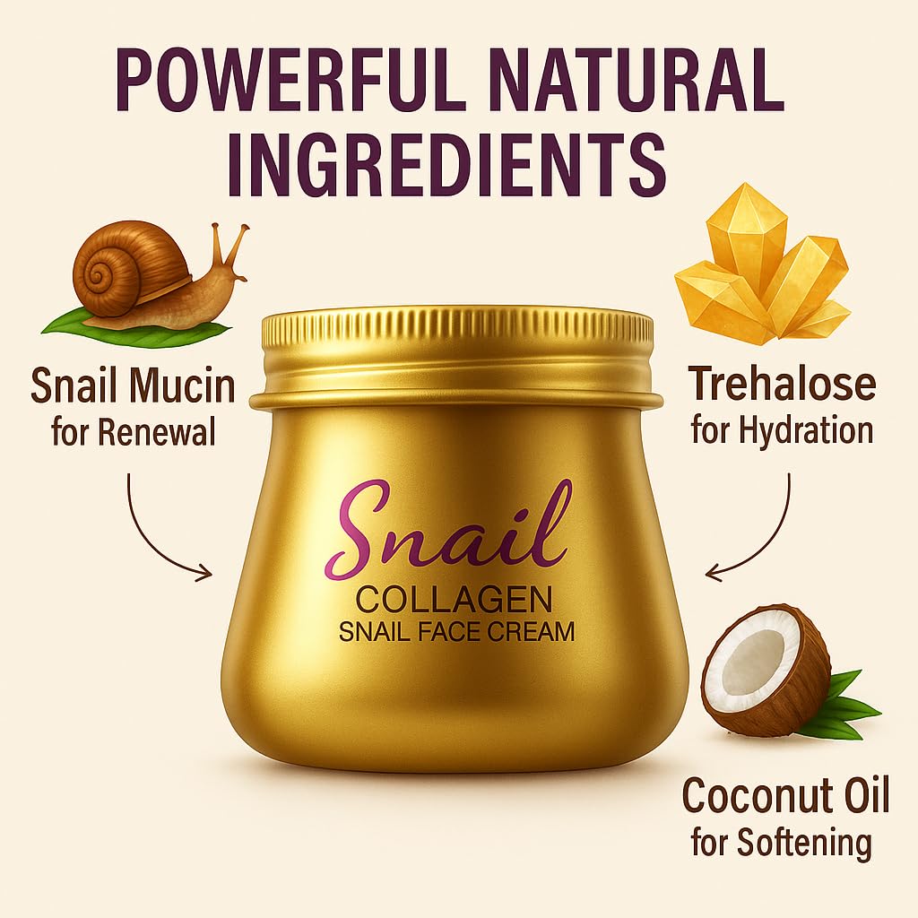 Snail Hydrating Anti-Wrinkle and Rejuvenating Cream, with Snail Mucin,Trehalose, Coconut Oil, Hydrating Nourishing Cream for Fine Lines Wrinkles & Intense Hydration, Skin Renewal, 2.82 oz (1) - Image 3