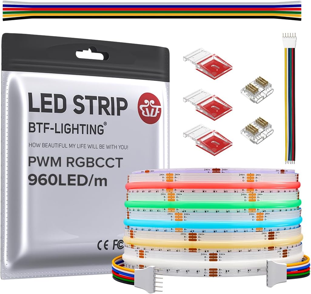 BTF-LIGHTING Fcob Cob Led Strip Rgbcct Color Changing Flexible High Density Light Rgb + Adjustable Cct 3000K-6000K 16.4 Feet 960Led / M Dc24V 12mm Wide for Indoor Decoration Project(No Ad