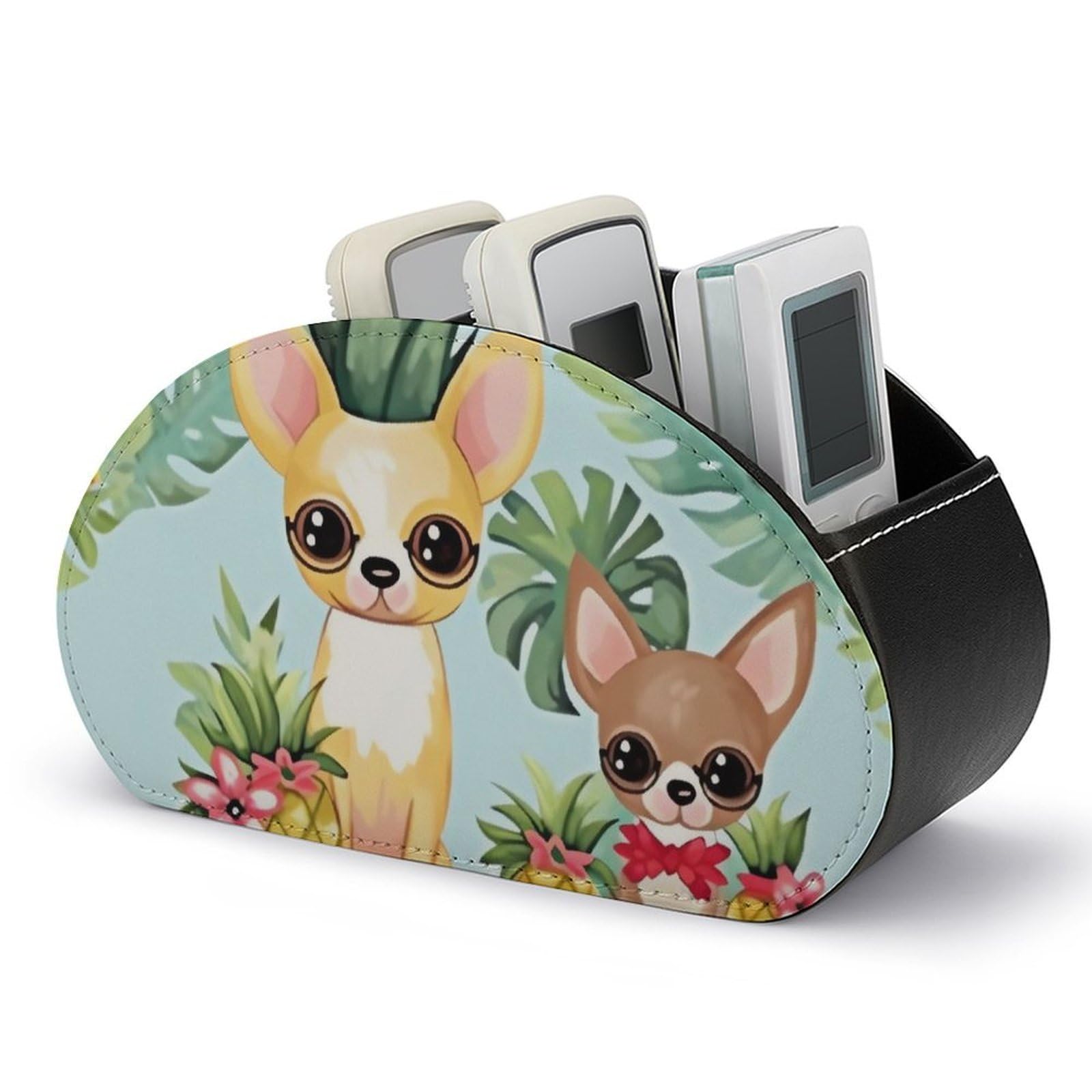 Chihuahua Dog Pineapple Remote Control Holder with 5 Compartment Organizer Box, Leather TV Remote Holder Organizer Caddy for Table, PU Leather Remote Box for Nightstand Office Desk Storage Box