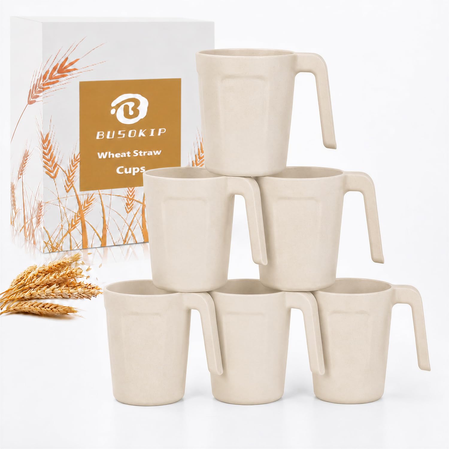 16 oz Coffee Mugs Set of 6, Wheat Straw Cups with Handle - Beige