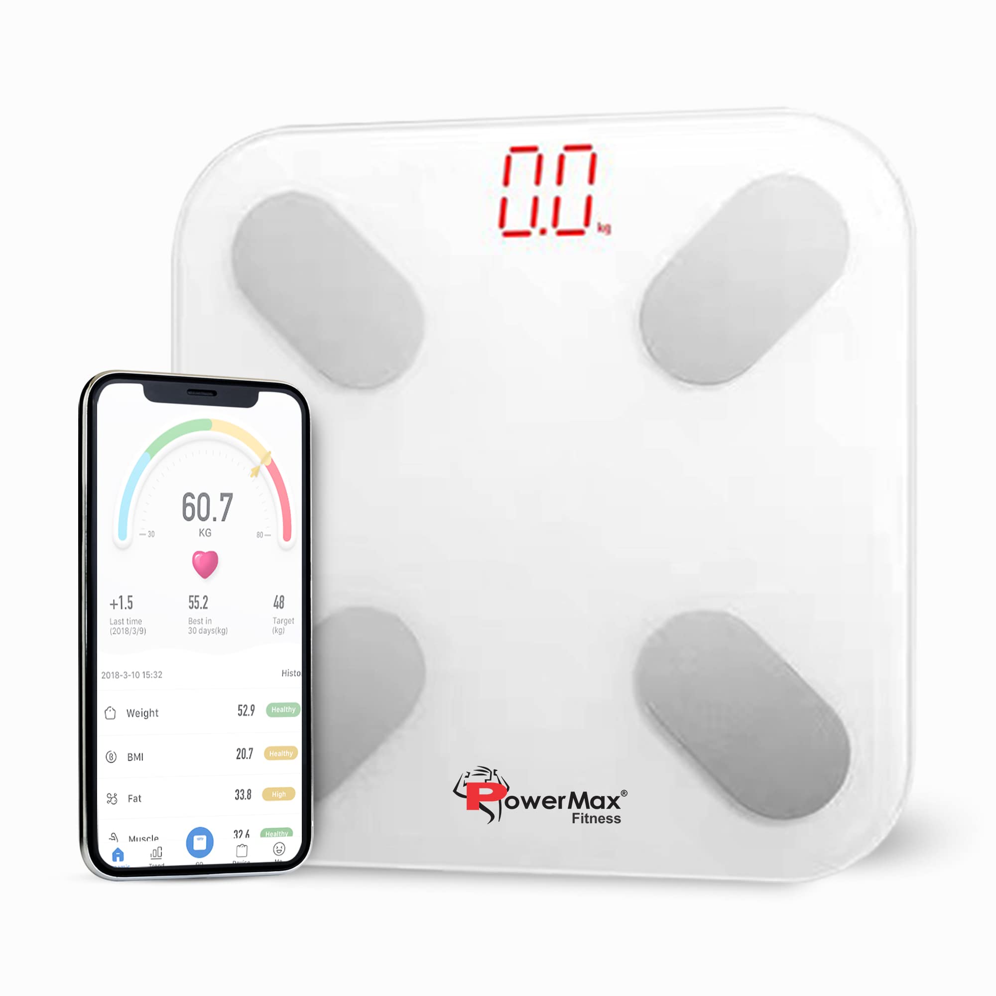 PowerMax Fitness BCA-150 Smart Bluetooth Body Fat Scale - Smart BMI Digital Bathroom Wireless Weight Scale & Body Composition Analyser with Smartphone App, White