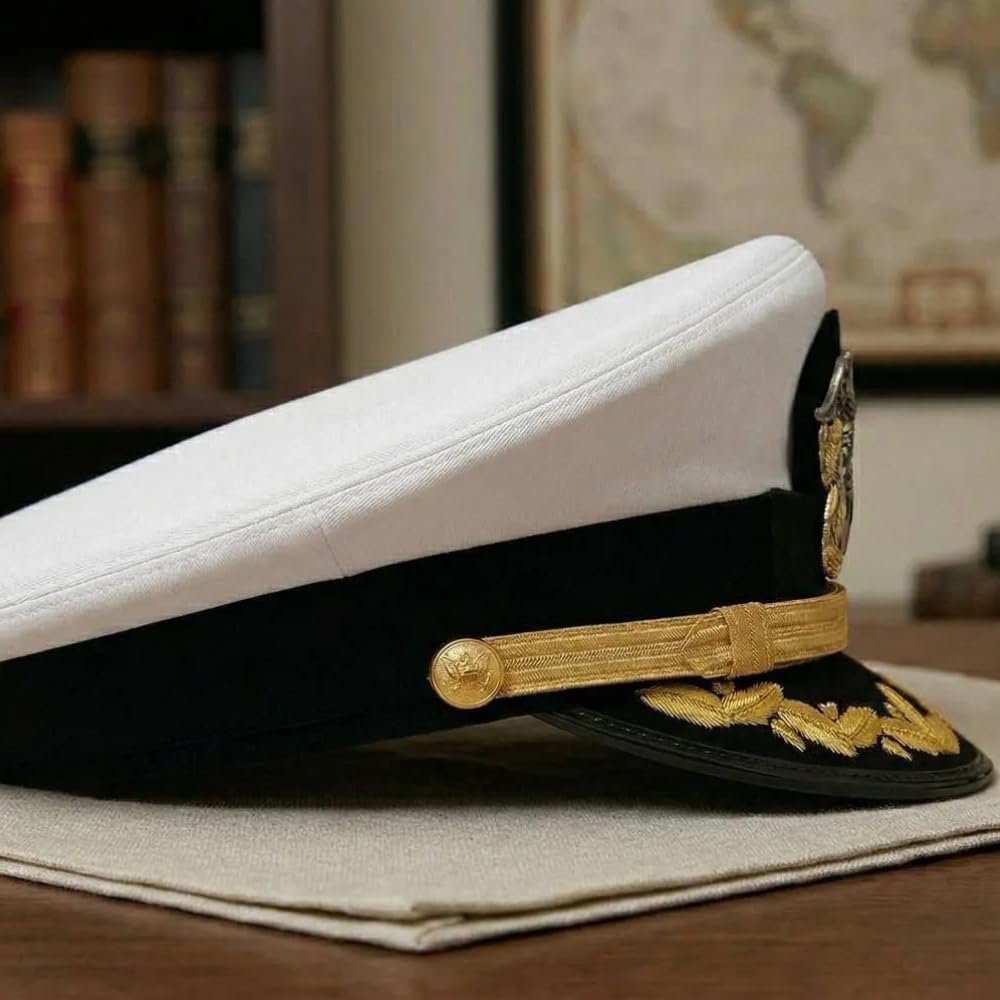 Royal Admiral Navy Hat White – Naval Officer Dress Cap with Gold Embroidery, Military Ceremonial Uniform Hat for Men, Captain Admiral Costume Cap for Cosplay, Parade, Reenactment