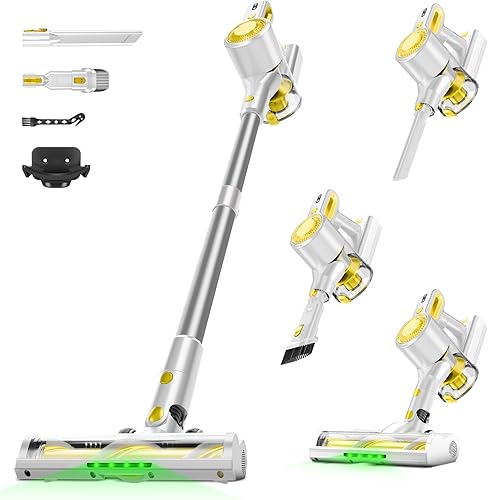 Aspiradora inalámbrica para el hogar, potente aspiradora de palo con batería recargable, cepillo antienredos de luz verde, aspiradora de mano ligera