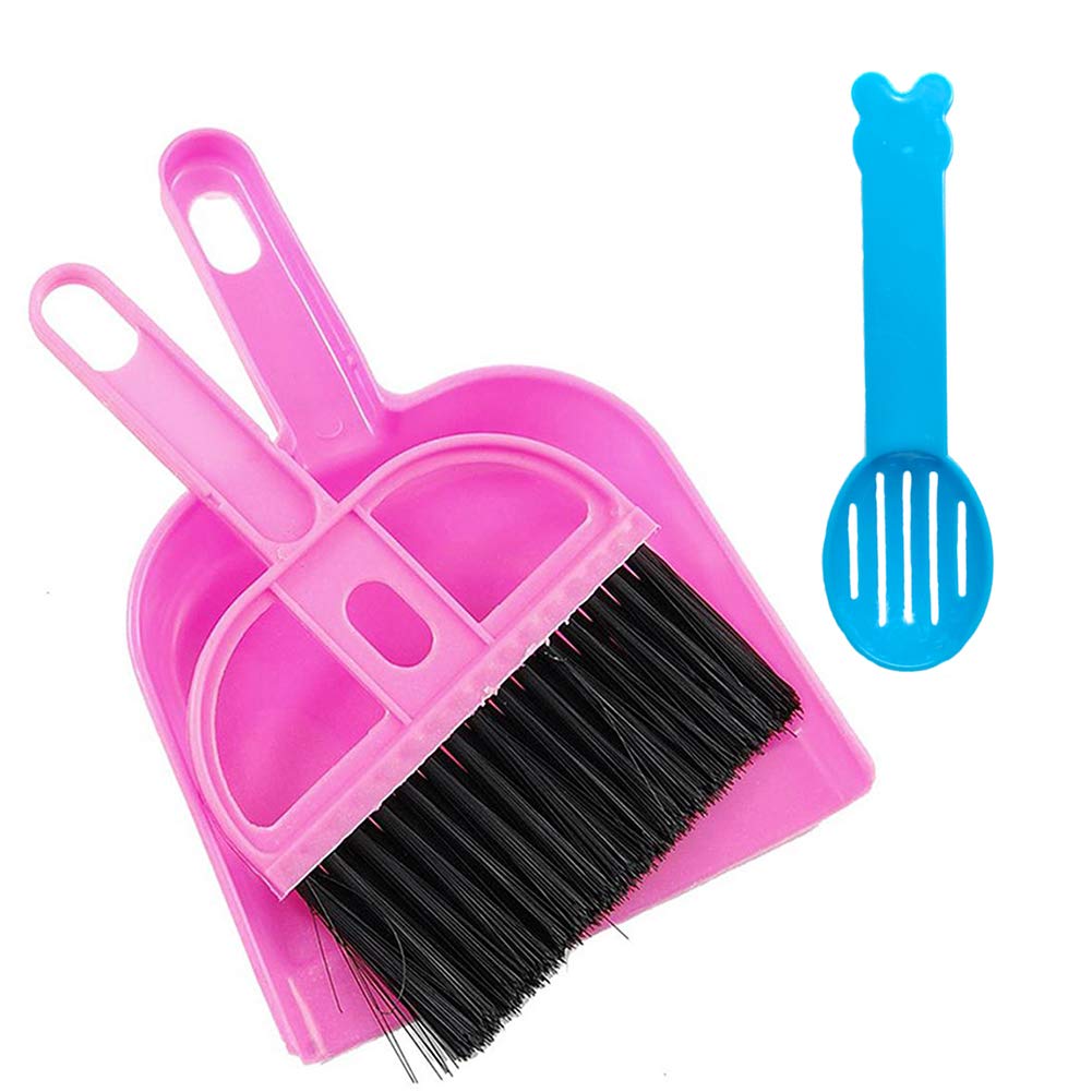 SEISYu-Xiang 3 Pack Hamster Mini Dustpan and Broom Set Guinea Pig Classical Besom hillas Sweeper Cavy Cage Clean Hedgehogs Scooper for Small Animal (Pink)