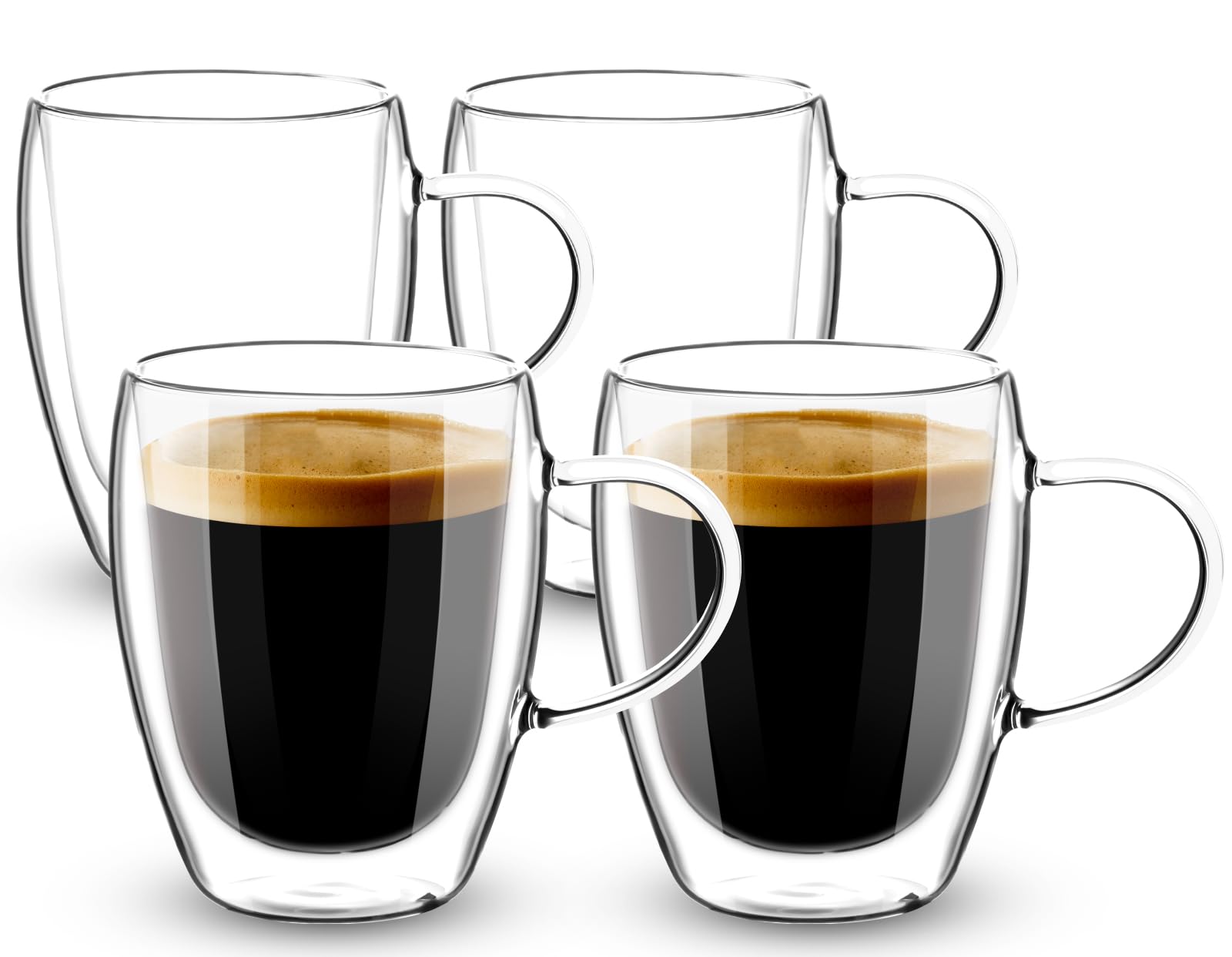 Esilihom 4 Pack Double Walled Coffee Glasses Mugs, 350ml/12oz Cappuccino Latte Macchiato Glasses Cups with Handle