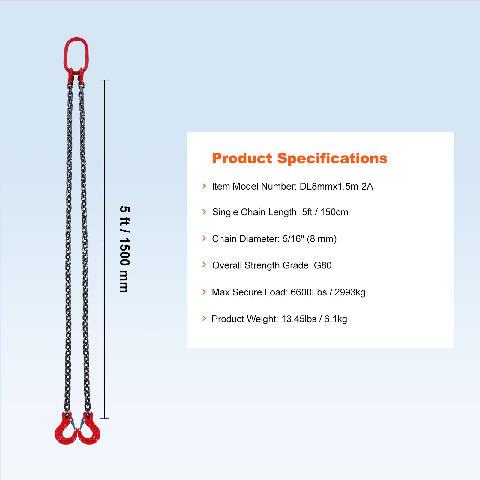 VEVOR Eslinga de Cadena de Elevación 2 Cadenas 8mm x 150cm Carga 2993 kg G80