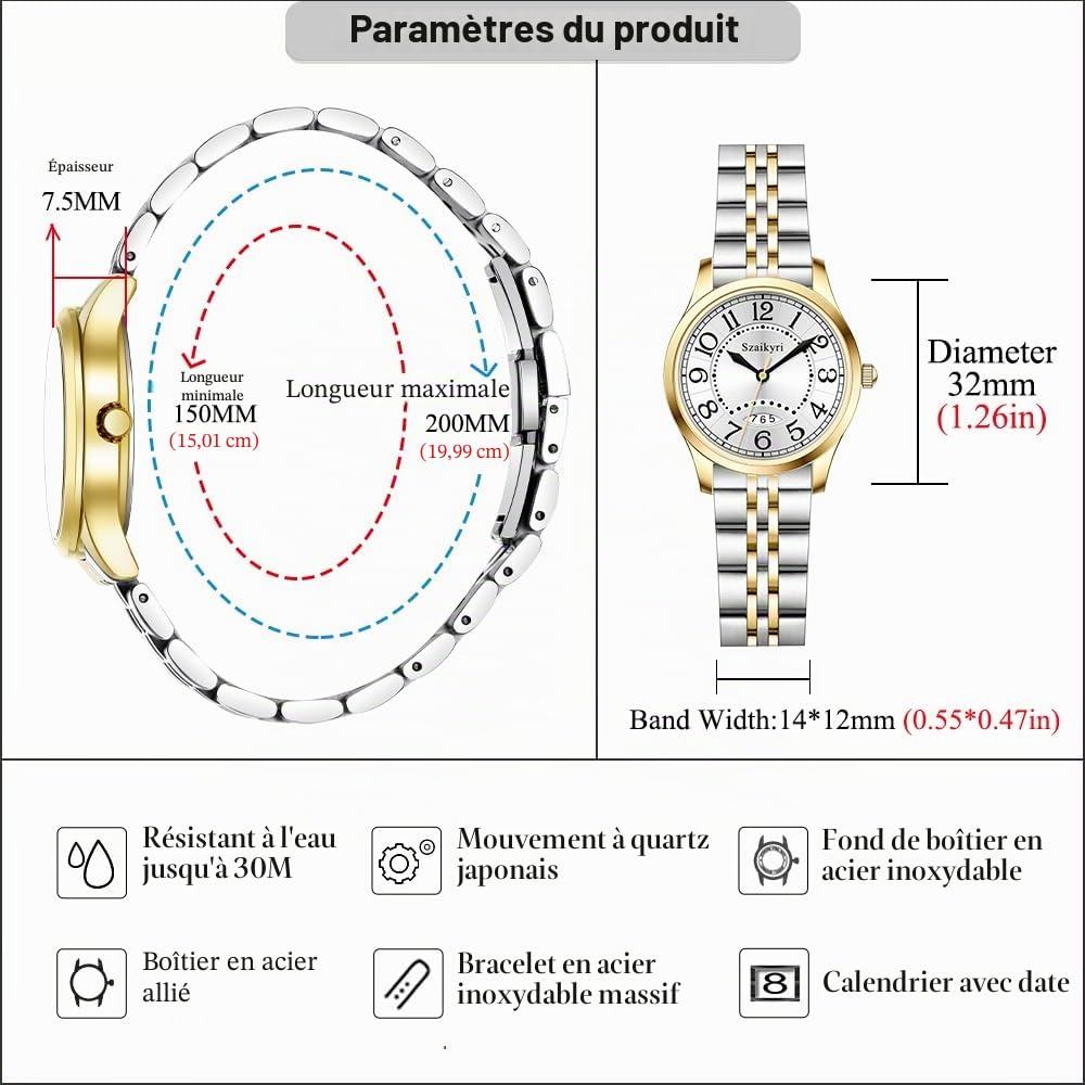 Montre Classique pour Femmes avec Chiffres Arabes Calendrier Résistant à l'Eau