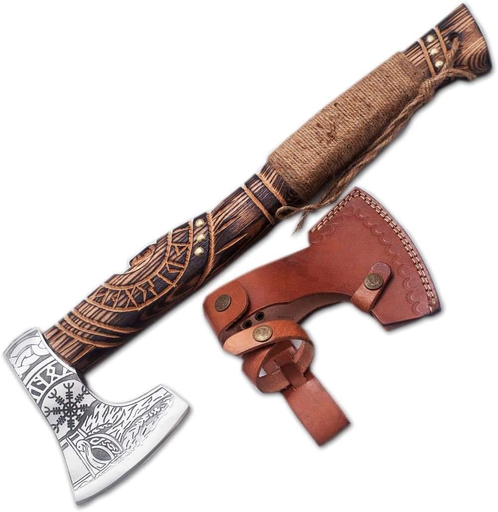 Viking Axe Custom Hand-Forged Viking Bearded Axe Carbon Steel Camping Hatchet with Leather Sheath Engraved Handle for Him