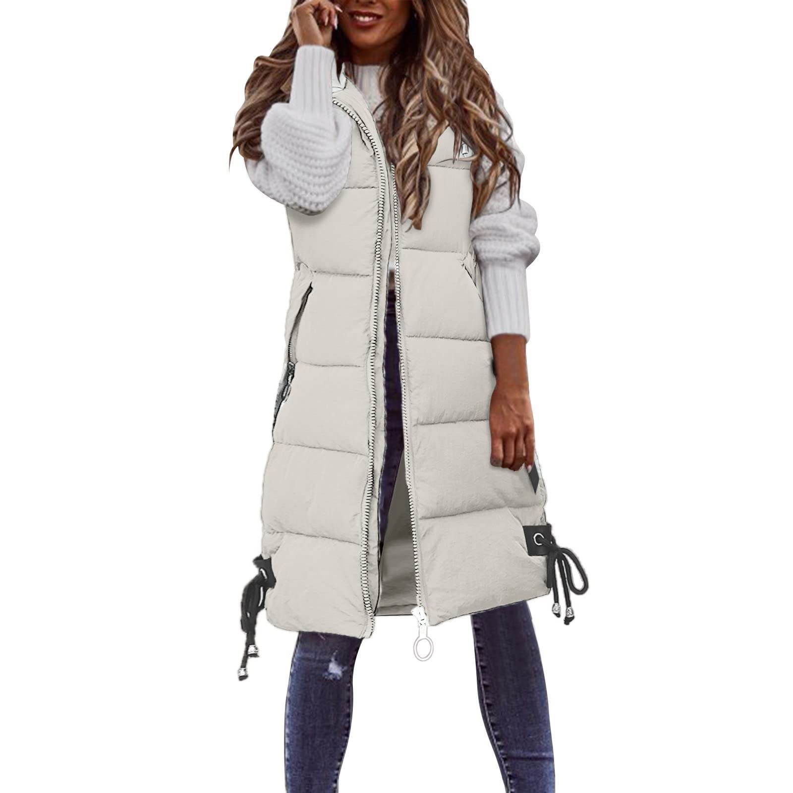Piumino con cappuccio da donna lungo senza maniche imbottito gilet invernale caldo giacca con tasca full zip spessa giacca imbottita giacche da trekking impermeabili cappotto trapuntato casual solido