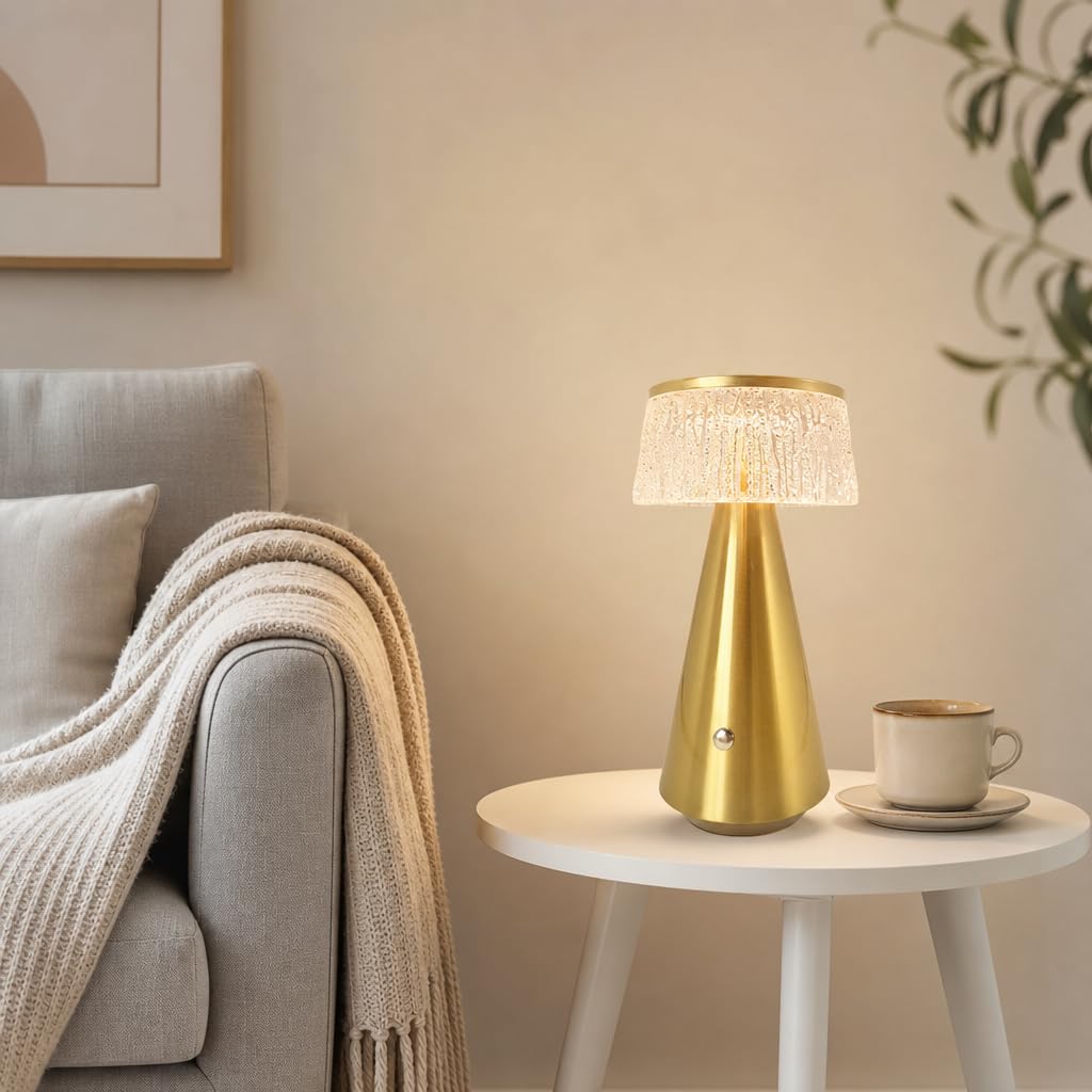 LED Pilzlampe Akku Tischlampe Kabellos Gold Tischleuchte | Dimmbar Touch USB Aufladbar Pilz Lampe Nachttischlampe Ohne Kabel 3000K-6000K Tragbare Nachtlicht Acryl Lampenschirm