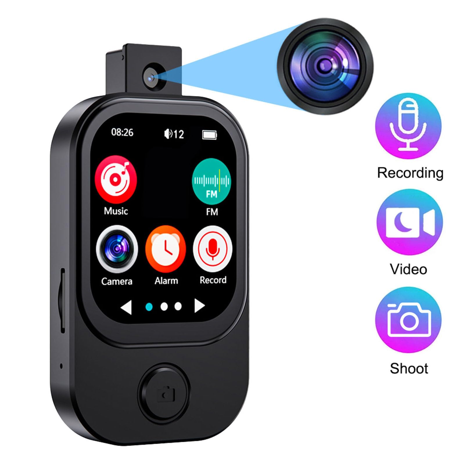 Odtwarzacz MP3 Bluetooth z kamerą, 2,01-calowy ekran dotykowy 720P HD Odtwarzacz muzyki wideo z głośnikiem, książką elektroniczną, budzikiem, radiem FM i stoperem (czarny) (128G Mała karta