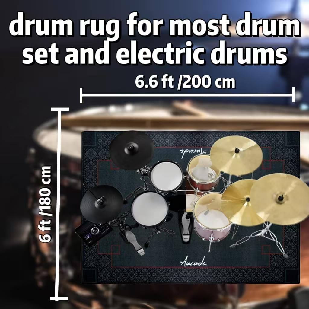 Aucuda Medal Drum Rug 6x6.6ft Large Drum Mat Outdoor, Tightly Woven Fabric Cool Drum Set Carpet with Non-Slip Grip Bottom, Electric Drum Accessories for Studio, Apartment, Soundproof, No Crease.