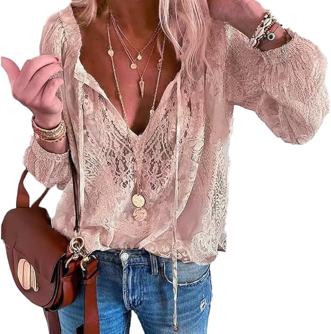 Lace Tops for Women Long Sleeve Tie Front Tops V Neck Floral Lace Crochet Blouse Shirts Hollow Out Western Shirts - Image 2