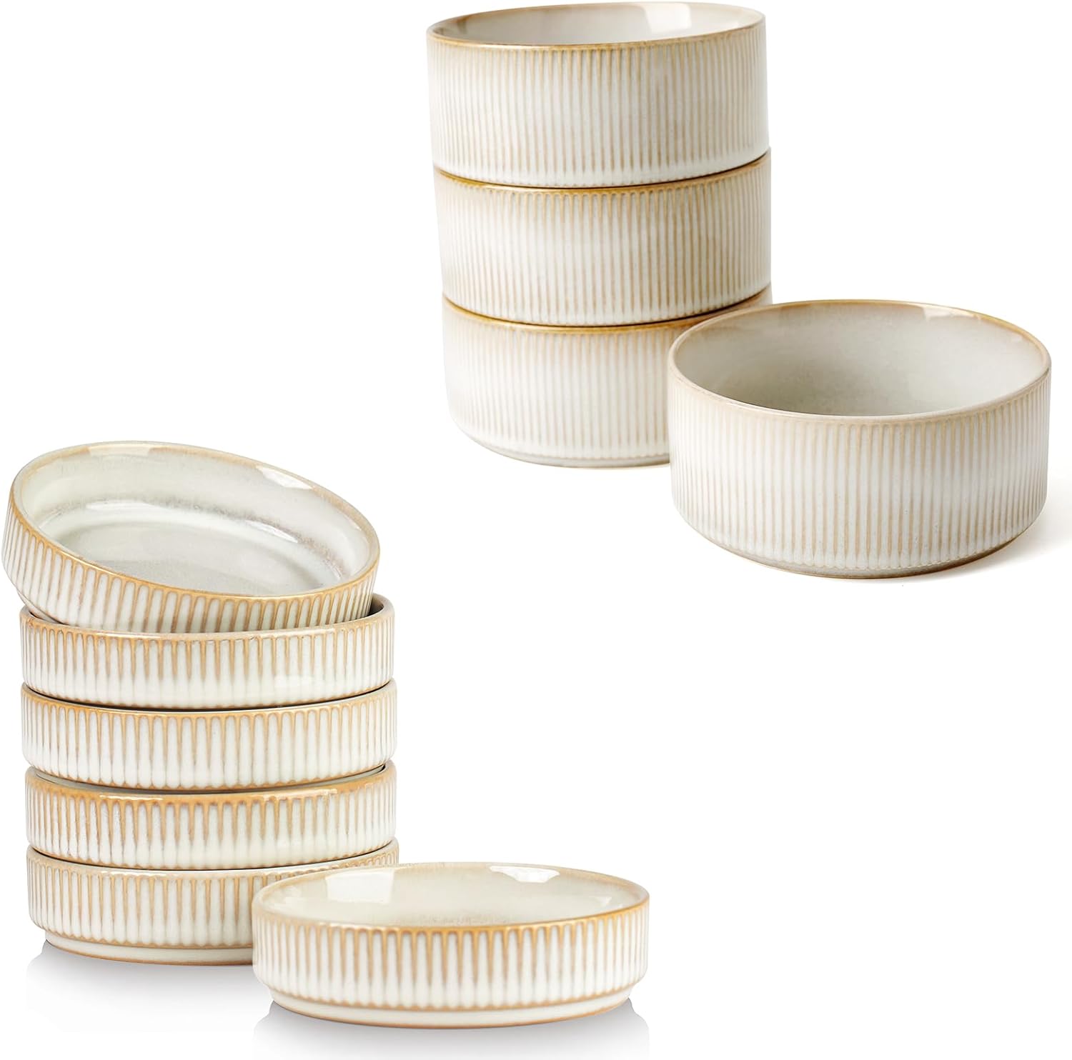 famiware 5.5" Soup Bowl Set of 6 and 4oz Dipping Bowl Set of 6 - Star Stoneware Dishes - Cappuccino White