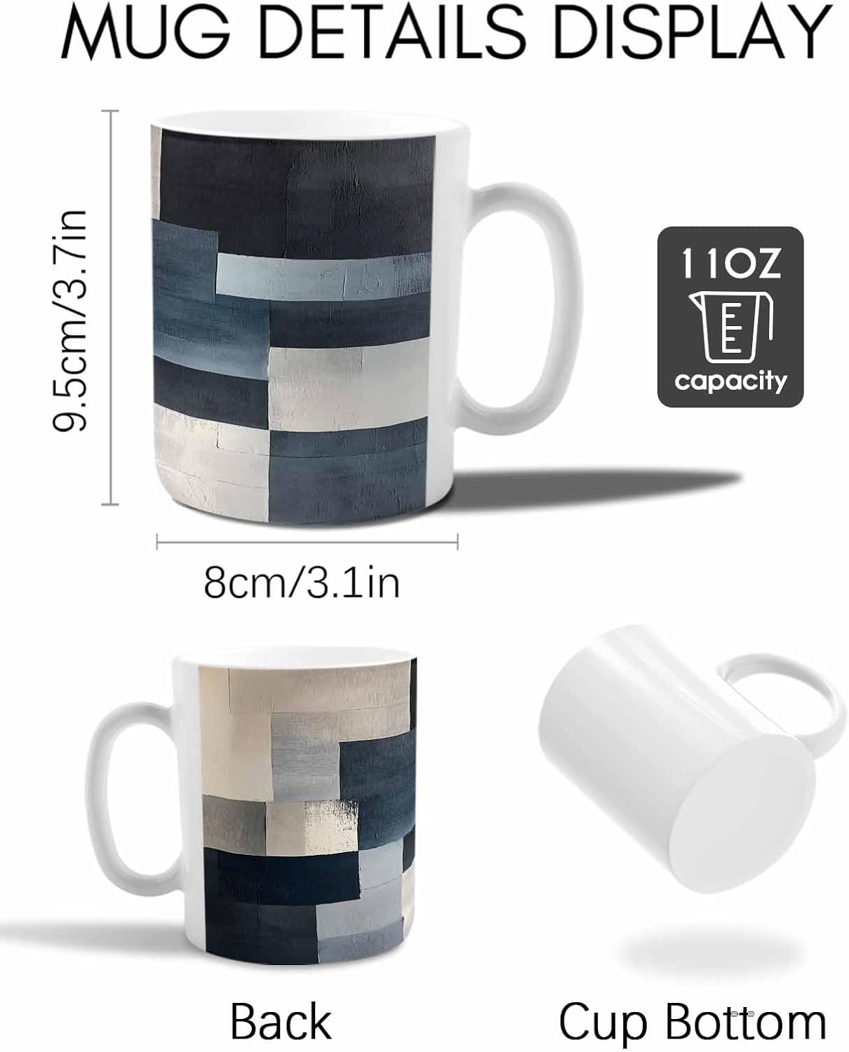 BEMIGO Ceramic Coffee Mug Modern Color Block Blue Ceramic Mug White Cup, Abstract Geometric Insulated Coffee Cup with Handle with Pattern Perfect for Tea and Hot Beverages, 12oz