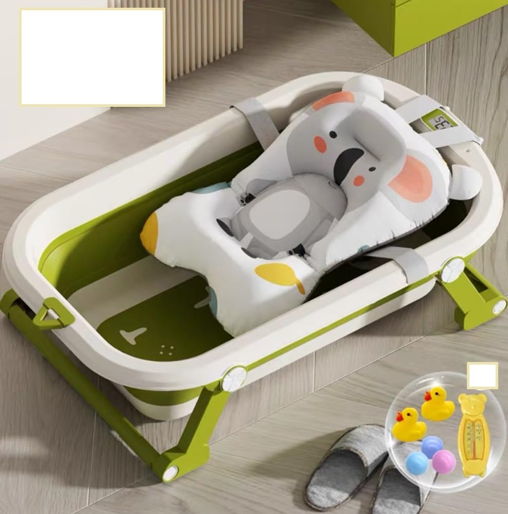 OHMG Bañera para bebé, Bañera plegable para bebé, bañera de viaje portátil con cojín de apoyo, bañera plegable portátil antideslizante,termómetro integrado