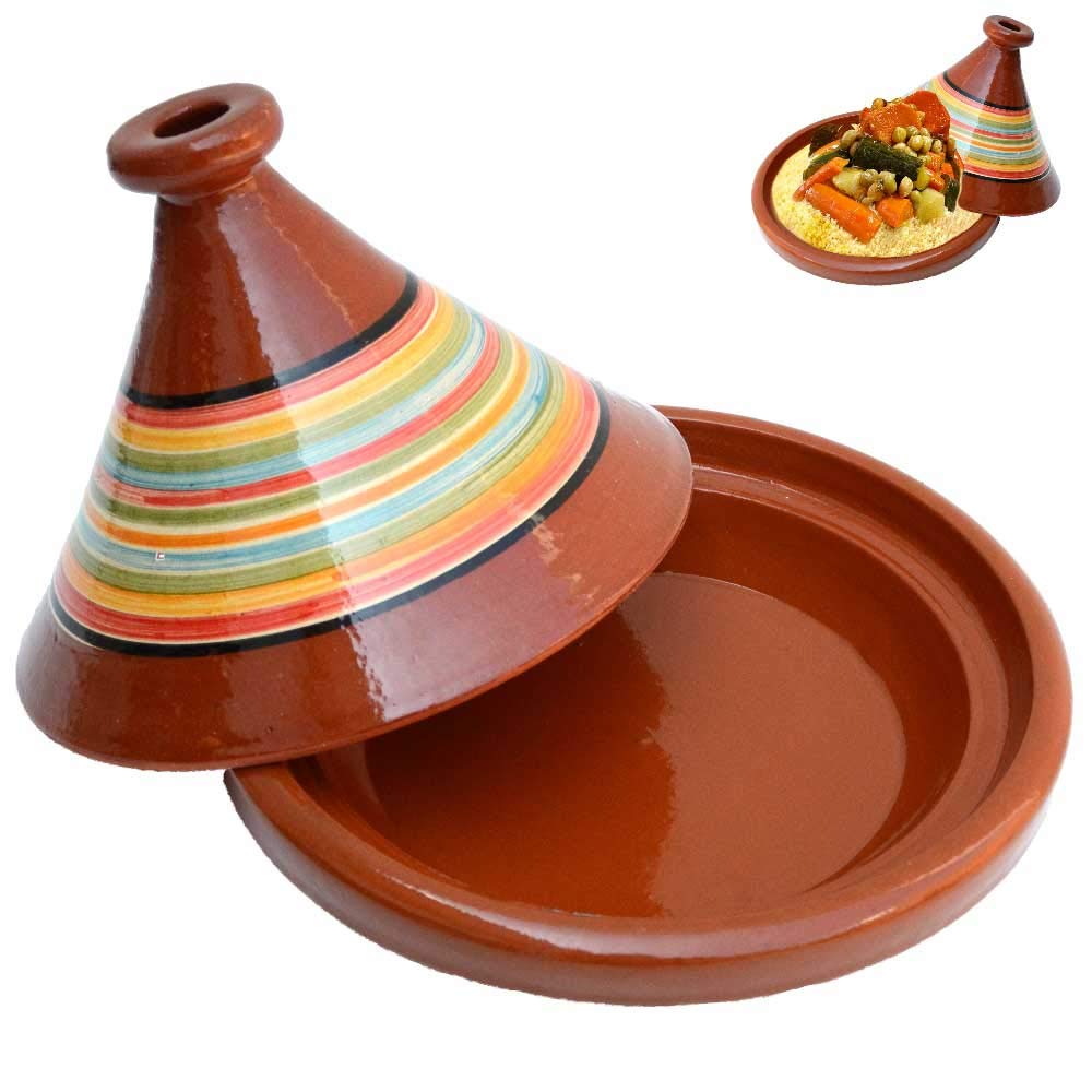 Tajín marroquí multicolor de Marruecos, esmaltado, diámetro de 30 cm, para 4-5 personas, olla de arcilla natural sin sustancias nocivas, olla de barro hecha a mano y decorada