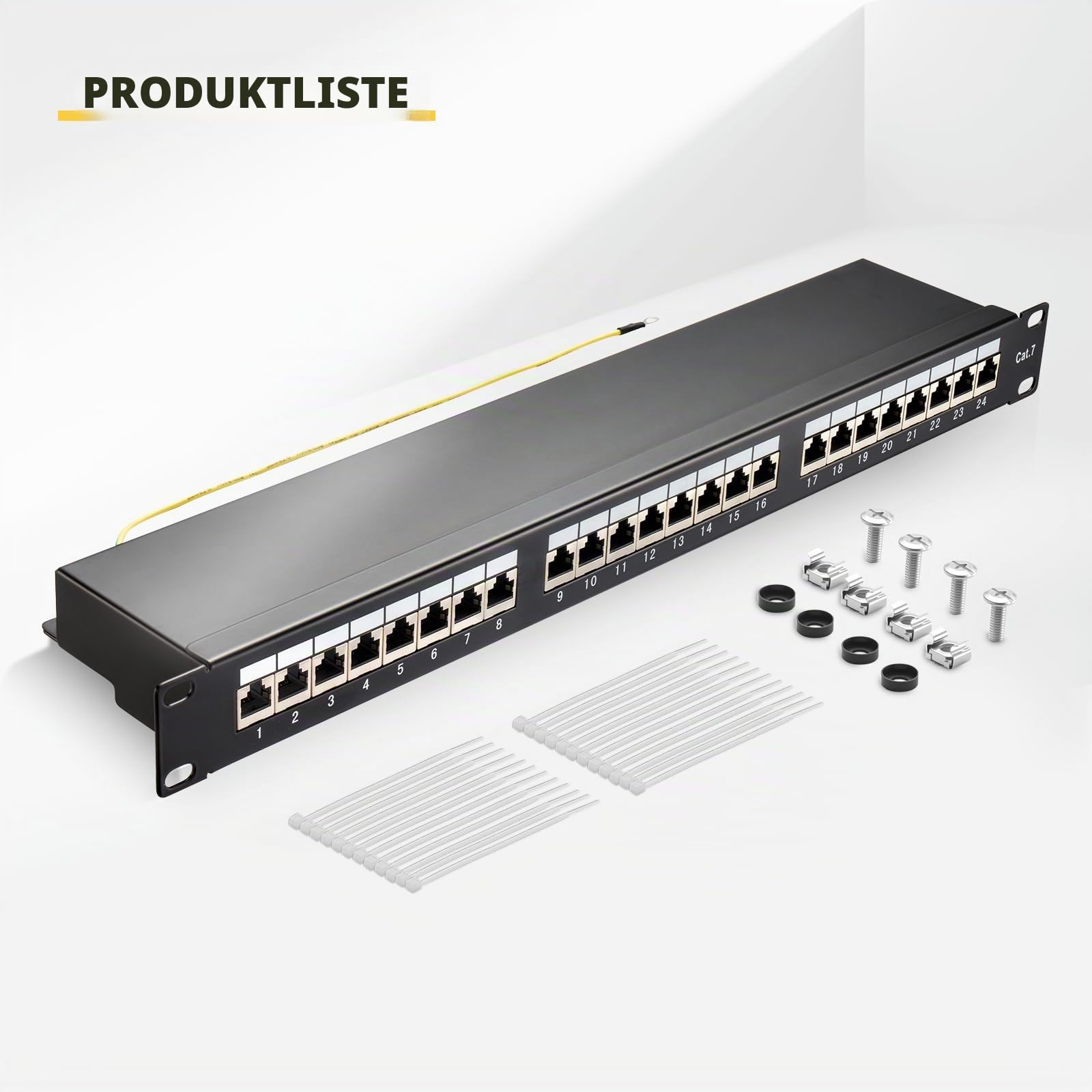 Patchpanel Cat 7, 24 Port, 19-Zoll Patchpanel Keystone, Rackeinbau Servermontage RJ45 Geschirmt, für Gigabit-Netzwerk-Switch