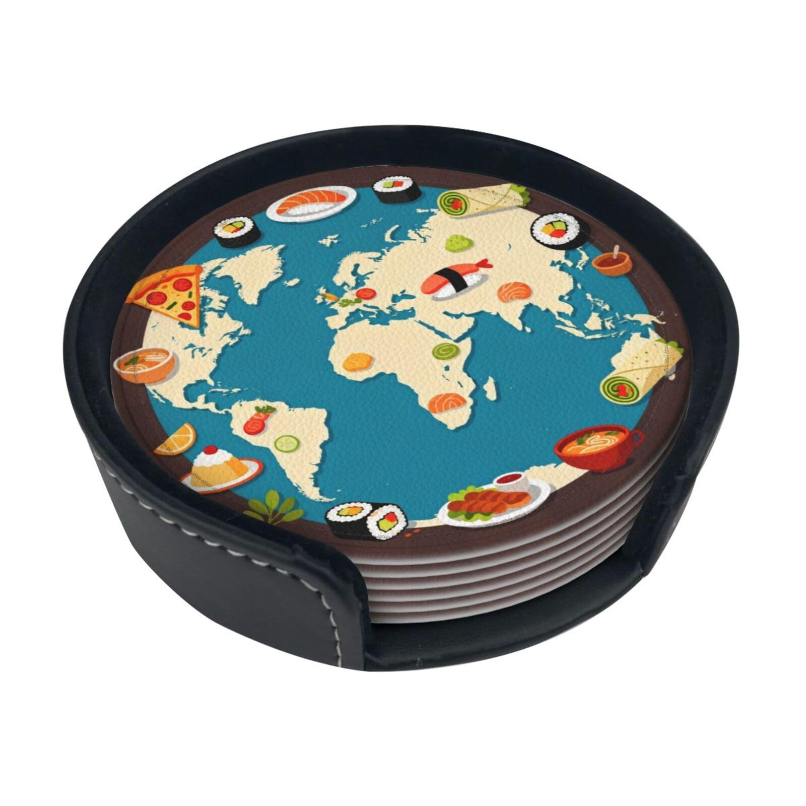 Cntdbu White World Food Map Leather Coasters Set Of 6-Pu Leather Drink Mats For Table, Heat Resistant Round Coasters With Holder
