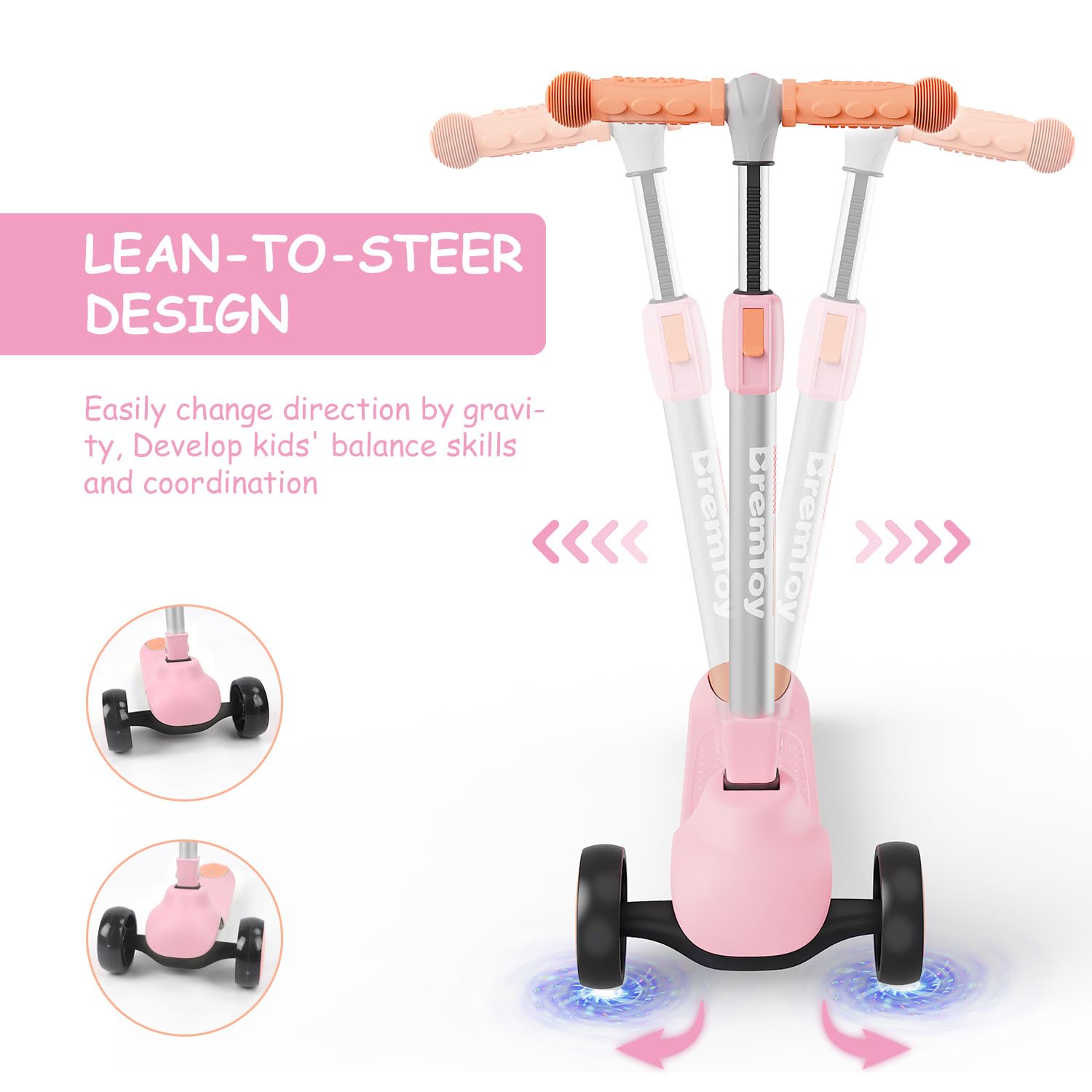BremToy Trottinette pour Enfants 2-10 Ans, 4 Hauteur Réglable, 3 Roues LED élégantes, Trottinette Pliante, Charge Maximale 50 kg, Cadeau pour Enfants