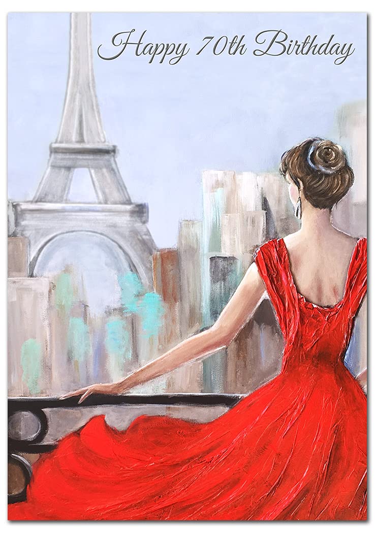 Extra Large 70th Birthday Card for Women - XL Big thick A4 size - Special Age Year - Romantic Watercolour Paris Art - Beautiful Female Greeting Her Huge Happy Wishes Nice - UK Eco-Friendly