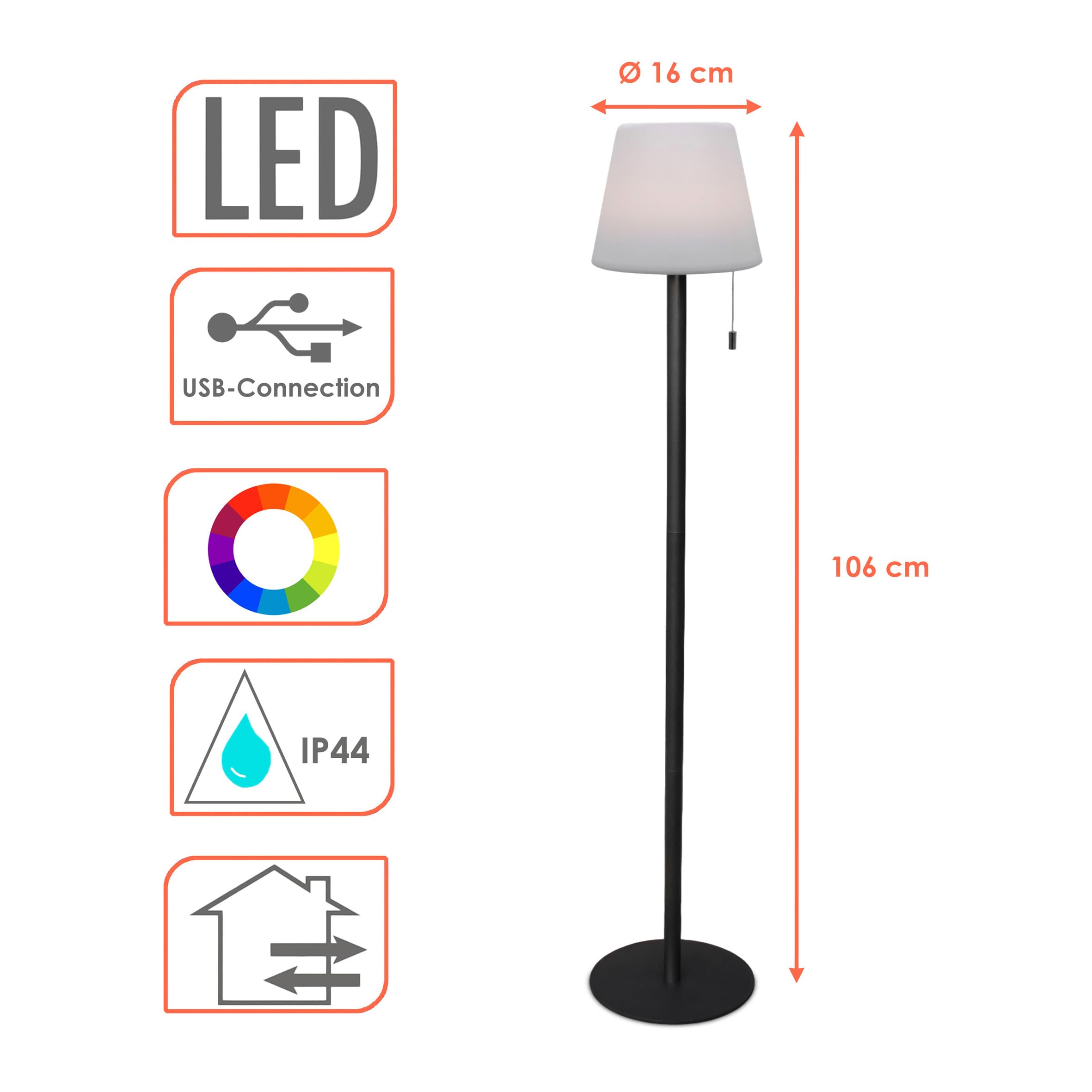 Lampadaire LED blanc chaud rechargeable - 106 x 16 cm - Noir avec 4 modes d'éclairage USB - Balcon, terrasse, extérieur
