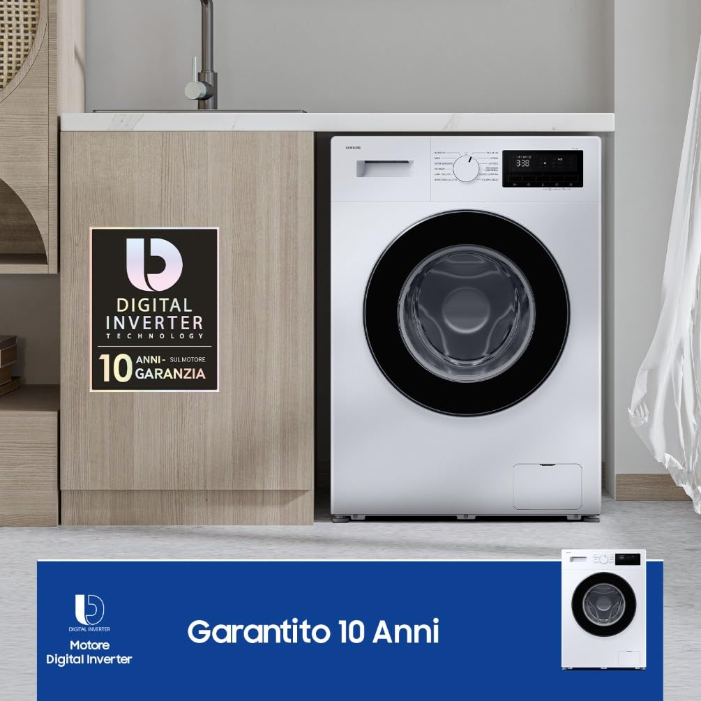 Samsung Lavatrice Front Slim WW80FG3M05AW/ET, 8 Kg, Display LED, Vapore Igienizzante, Carica Frontale, Corpo: Bianco, Oblò e Display: Nero, 59,5l x 85h x 48p cm