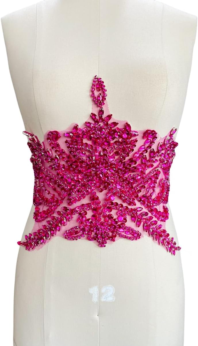 SaeYz Trimimg Patches Handmade with Acrylic Rhinestones Beads Sequins sew on Applique for Dress Waist Decorative Accessories 17.7X9.4 inches (Rose red)
