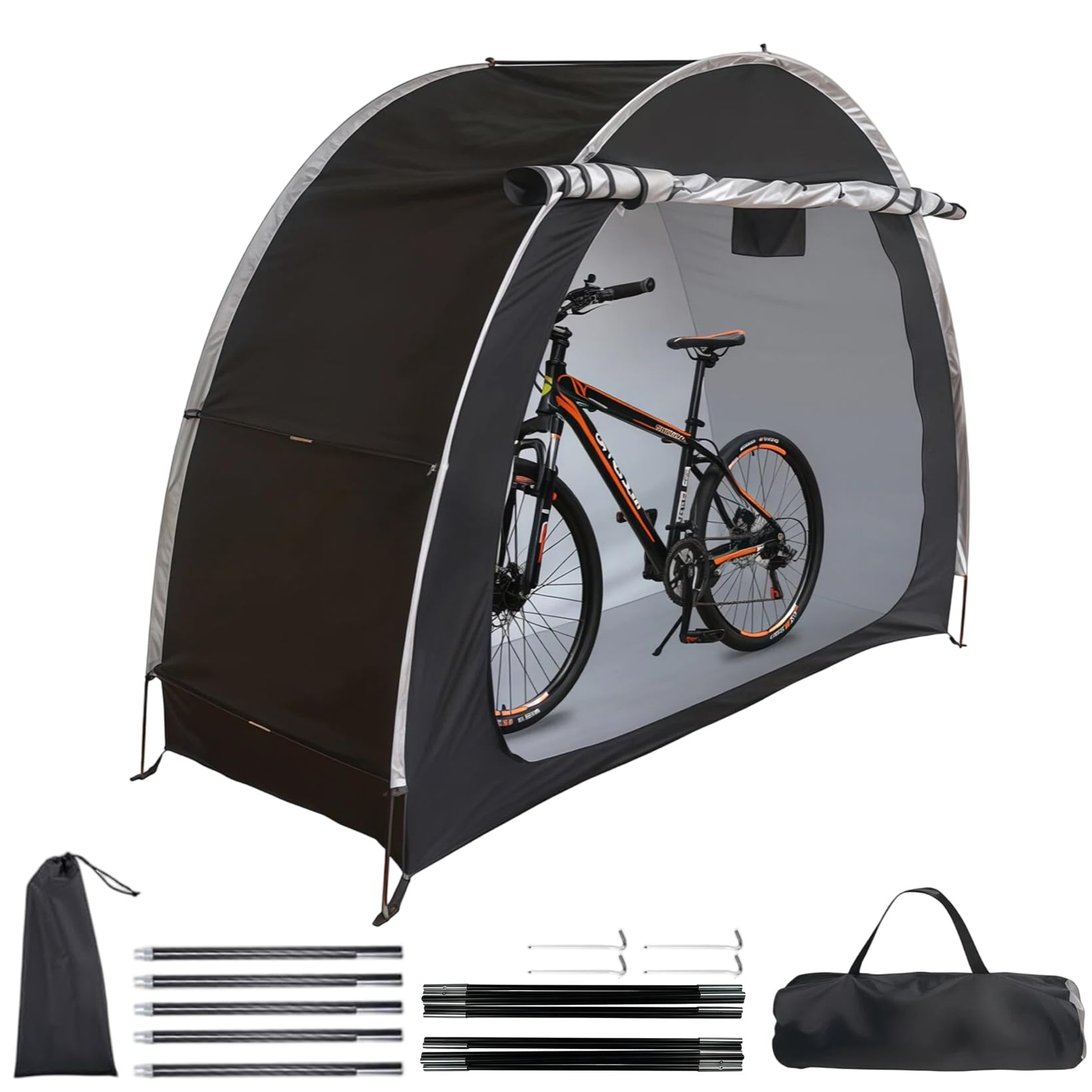 Fahrradlagerzelt für Fahrräder, Fahrradzelt 200 * 88 * 165CM, Außendurchführbares 210D Oxford Wasserdichtes Fahrradcover mit Lüftungsfenster, für Fahrräder, Rasenmäher, Gartengeräte(Schwarze