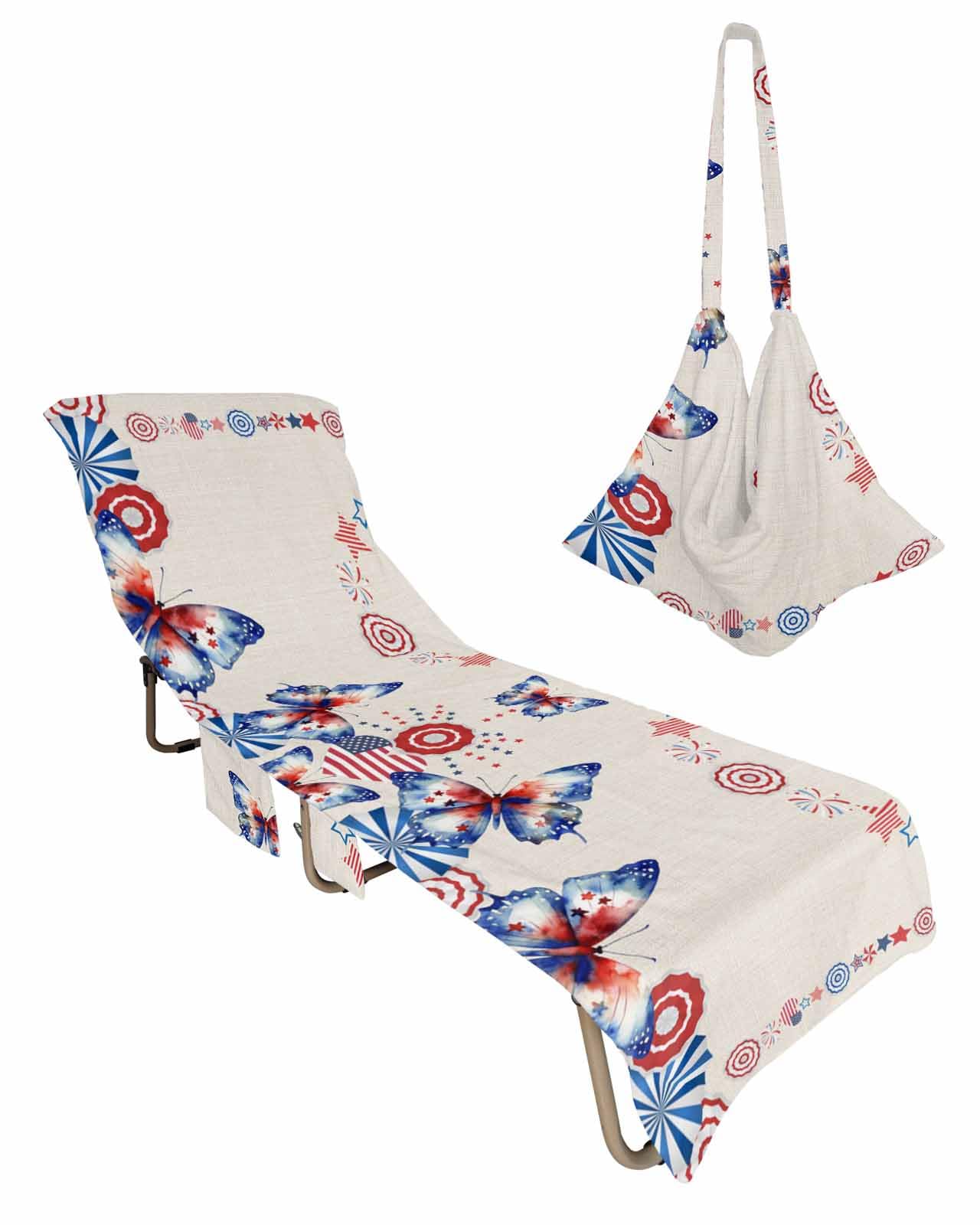 4th of July Beach Chair Towel Covers for Chaise Lounge with Side Pocket, Soft Plush Pool Towels Cover for Patio Sunbathing Outdoor 29''x85'' Farmhouse Vintage Red Blue Stripes Stars