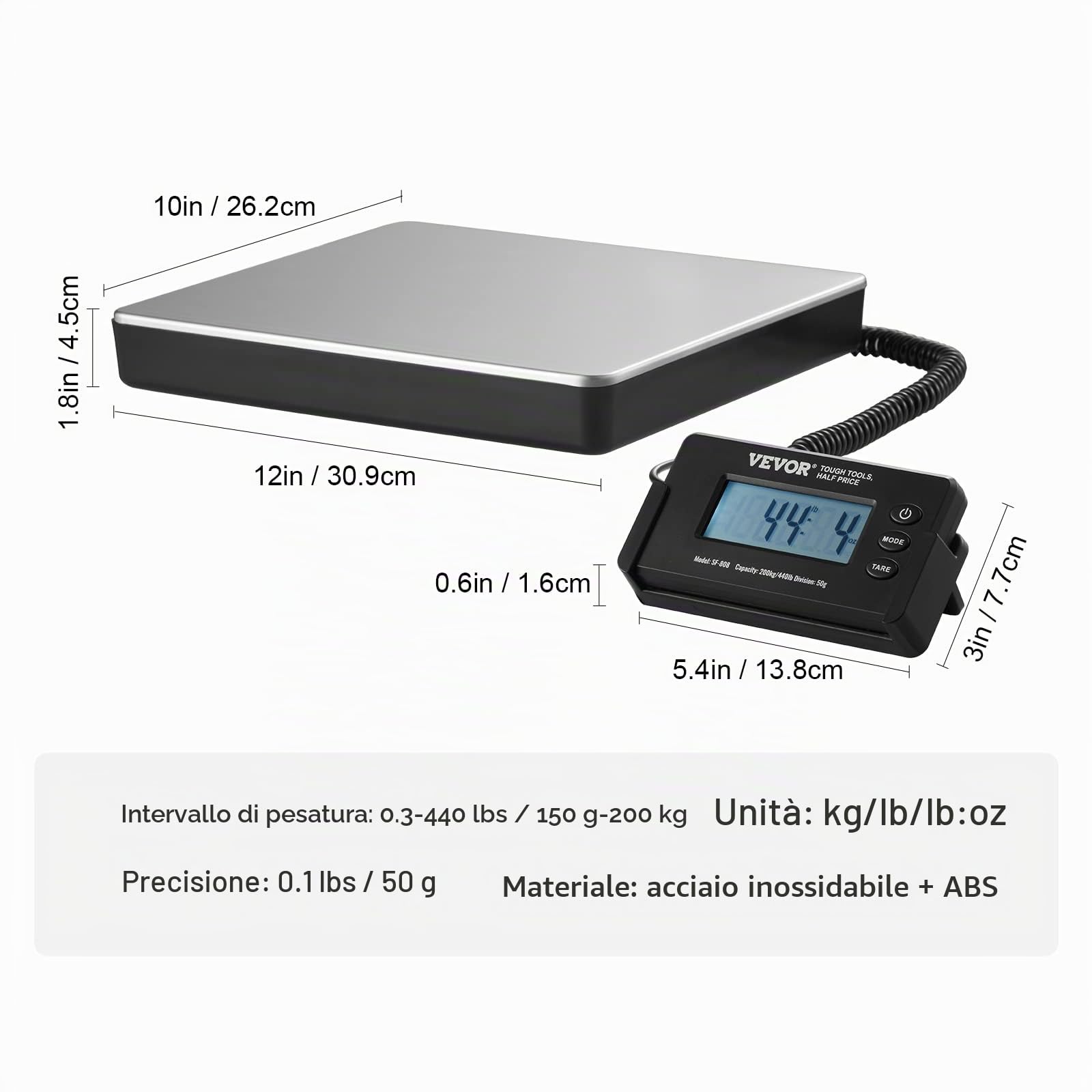 VEVOR Bilancia Digitale Pesa Pacchi Postali Commerciale ABS, 150 g-200 kg, 309 x 262 x 45 mm, Schermo LCD Tara