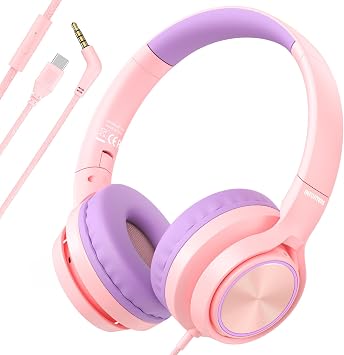 Kids Headphones with 3.5mm & USB C Headphones Kids for School, Over-Ear for Boys Girls, Foldable Headphone Built-in Mic, Safe Volume for iPad/Travel/Tablets/Classroom, Back to School giftPink