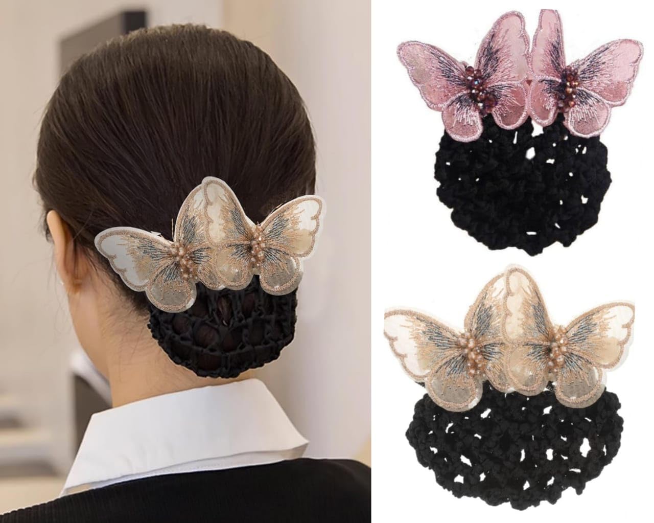 HAIR WALA™ 02 PCS Butterfly Barrette Clip Embellished Juda Net Hair Clips for Women Hair Bun Cover Net Snood, Thick Thin Hairnet Hair Accessories, Multicolor (Pink + Golden)