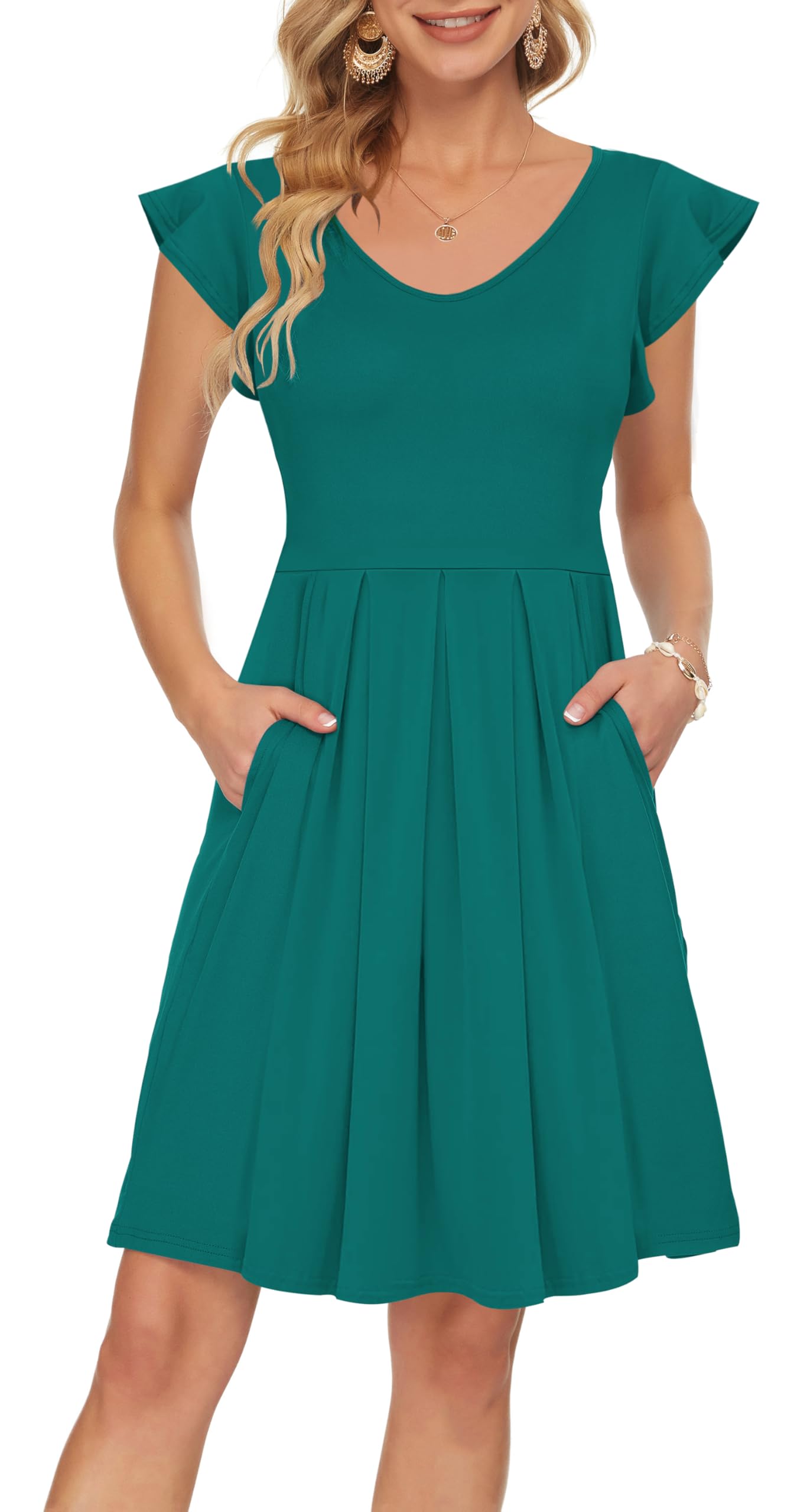 PLOKNRD Sommerkleid Damen V-Ausschnitt Midi Kleider mit Taschen Knielang Blütenblättern Kurzarm Freizeit Strandkleider