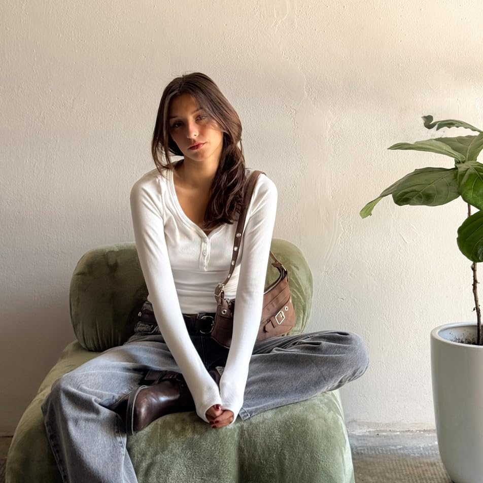 Women Knit Long Sleeve Crop Tops Y2K V Neck Slim Fit Ribbed Top Button Up Shirts Stretchy Streetwear - Image 5