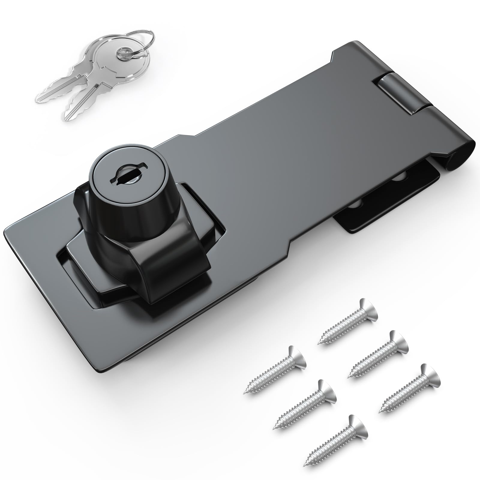 4 Inch Keyed Hasp Lock for Cabinets &amp; Small Doors, Twist Knob Design, Heavy Duty Zinc Alloy with Chrome-Plated Iron, Includes Keys &amp; Screws, Black
